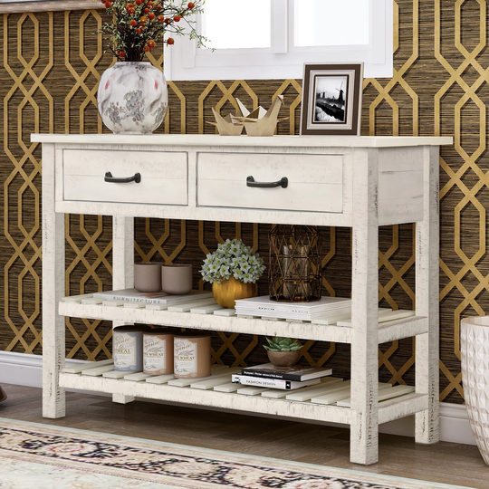 Retro Simplicity Console Table with 2 Drawers & 2 Open Shelfs, Entryway Table with Distressed Finish for Entryway Living Room