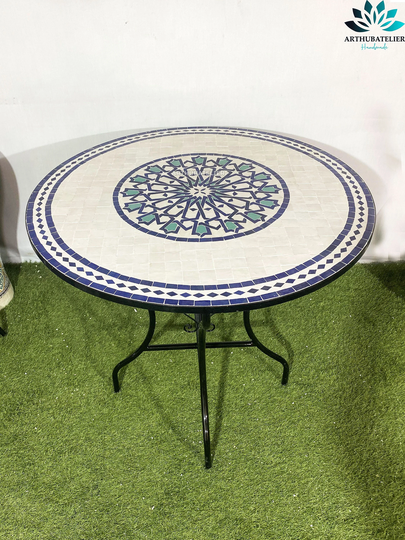 Table Made From Mosaic 100% Handcrafted Tiles For Outdoor & Indoor Round, Customizable Colors Pattern, Mid Century Crafts
