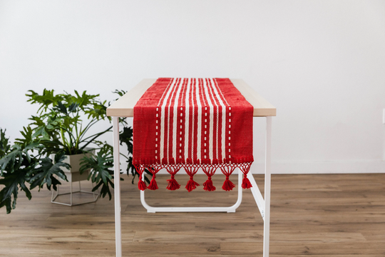 Handmade Table Runner Mexican Fiesta Decor - Red/Creme #4 Boho, Home Decor