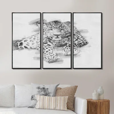 Black And White Leopard Pencil Sketch - Animal Framed Canvas Wall Art Set Of 3