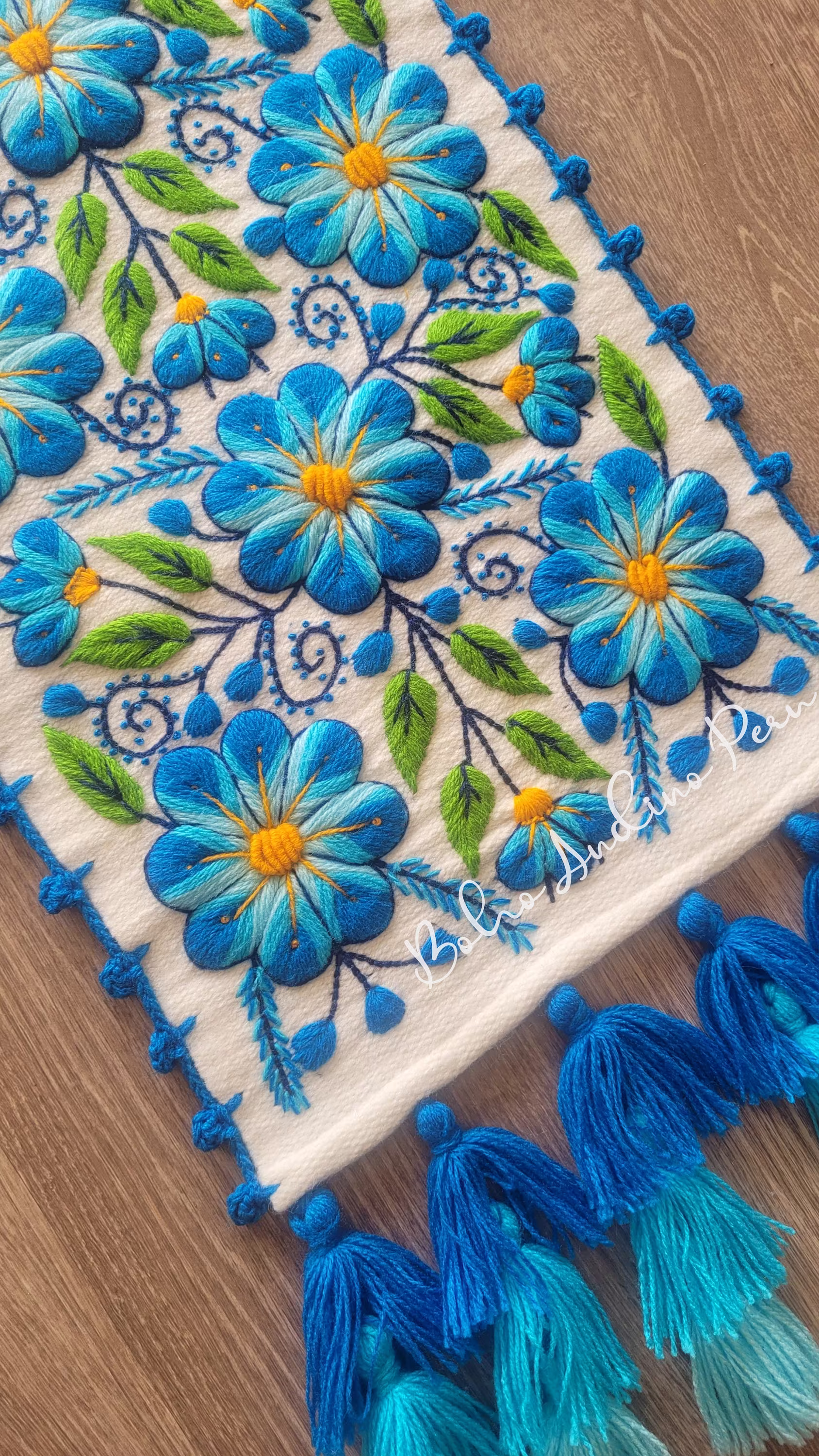 Peruvian Handmade Wool Table Runner, Boho Embroidery Flowers Table Runner, Bed Loom Tapestry