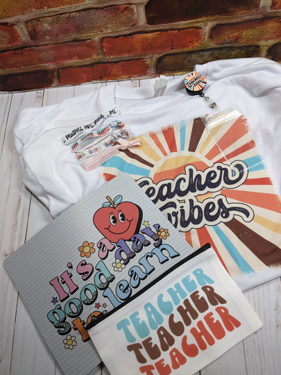 Personalized Teacher Bundle Vibes Retro Style Custom With Shirt Mousepad Badge Reel Tumbler Pencil Bag & Hair Ties