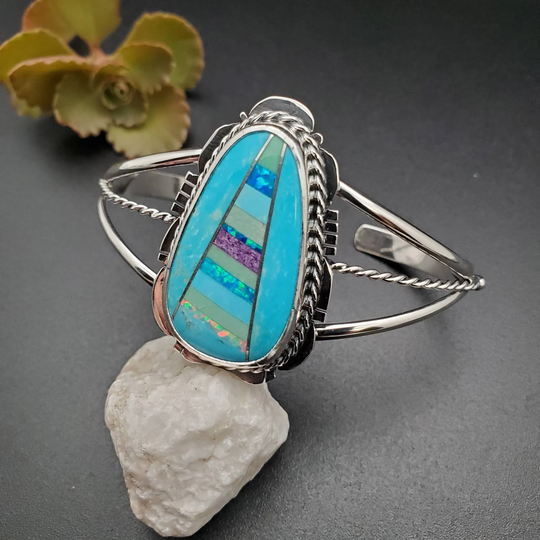 Socute925 Big Multicolor Inlay Cuff Bracelet | Sterling Silver Bright Southwest Made in Usa