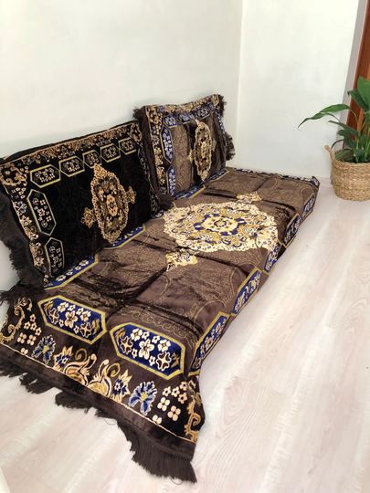 Arabic Floor Seating Sofa Cover, 3 Piece Set 1x Bed + 2x Cushion Cover, Vellet Padded Mat, Arabic Majlis Removable Zippered Cover
