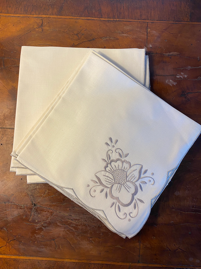 Vintage Cotton Table Napkins Embroidered Flower, Beige Set Of 12 Mint Spring