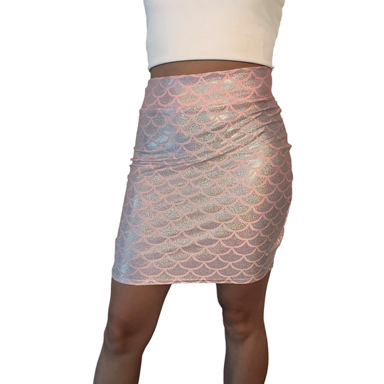 Light Pink Mermaid Scales Holographic High Waisted Pencil Mini Skirt | Bodycon Rave Costume