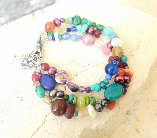 Semi Precious Stone Bracelet. Multi Color Colorful Triple Strand Jewelry. Sundance Style
