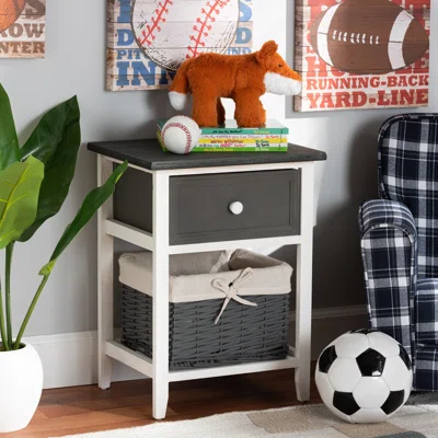 Red Barrel Studio® Studio Shadell Modern Transitional Two-Tone Dark Grey And White Finished Wood 1-Drawer Storage Unit With Basket