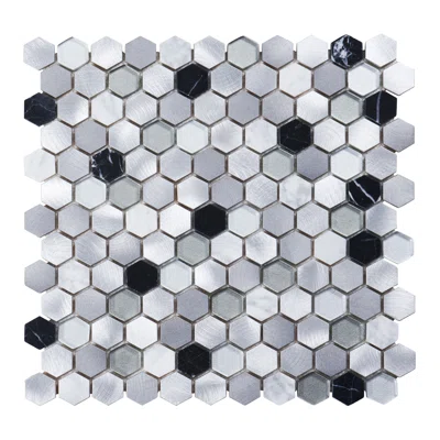 White Calacatta Black Marble Gray Glass Metal Aluminum 1" Hexagon Mosaic Sheet Tile By Modket