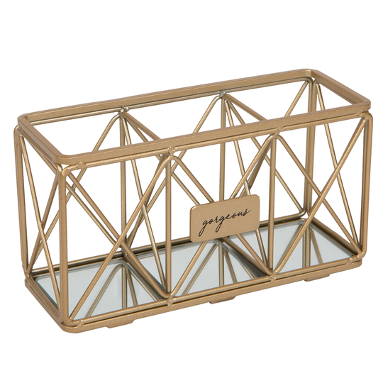 Home Details 3 Compartment Cosmetic Brush Pencil Holder in Satin Gold - 7"x 2.5"x 3.75"