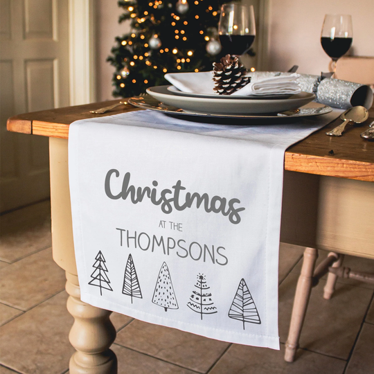 Personalised Christmas Table Runner, Custom Decoration With Tree Patterns, Long Festive Runner Gift