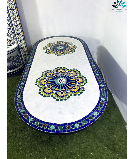 Dinning Table Large 75" X 40" Oval For Indoor & Outdoor Made From Mosaic Tiles, Moroccan 100% Handmade