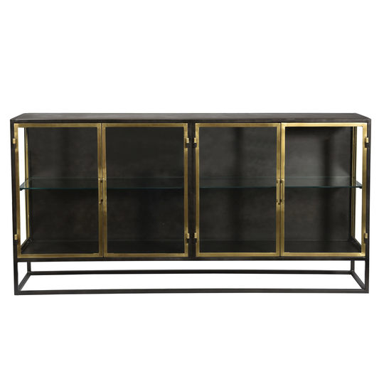 Brynlee 72" Gunmetal and Brass Finished Iron and Glass 4-Door Sideboard
