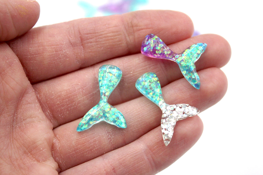 Mermaid Tail Cabochon - Flatback For Fairy Garden, Terrarium Beach, Zen Garden with Ocean 1 Or 3 Glitter Blue, Silver & Purple Tails