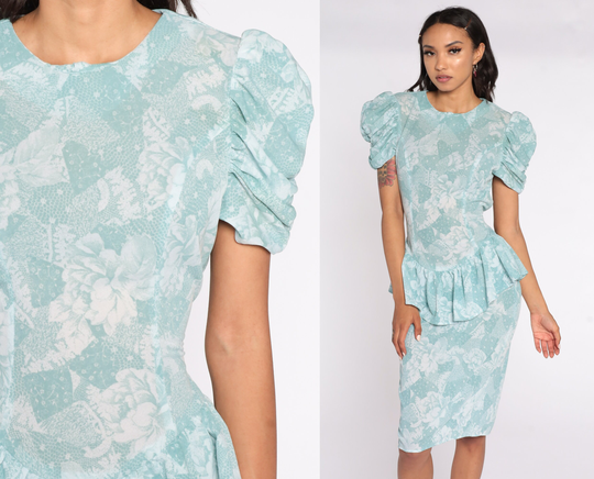 Floral Peplum Dress 80S Blue-Green Puff Sleeve Pencil Wiggle Midi Fitted High Waist Bohemian Small S