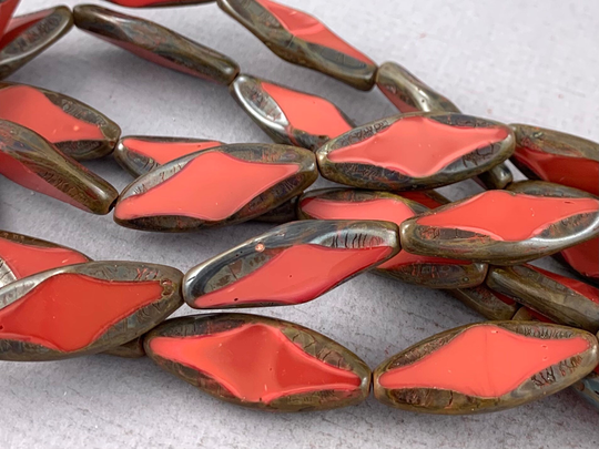 Raspberry Red Czech Glass Table Cut Oval Shaped Beads, Dark Brown Black Picasso Edge, Opaque - 24mm X 10mm 6 Or 12 Pcs Geo839-B192