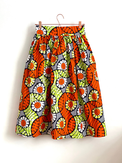 Lime Green & Orange Midi Flare Skirt, Handmade, African Wax, 100% Cotton
