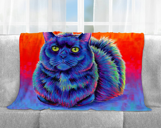 Psychedelic Rainbow Colorful Black Cat Cute Kitty Pop Art Plush Fleece Minky Throw Blanket