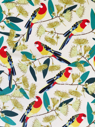 Eastern Rosella & Yellow Eucalyptus Flower Cream Floral Quilting Cotton Fabric By 1/2 Yard Or Fat Quarter, Australian Native