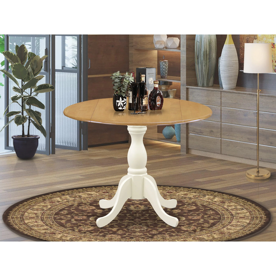 DST-OLW-TP - Wooden Dining Table with Drop Leaves - Oak Table Top and Linen White Pedestal Leg Finish - Multi
