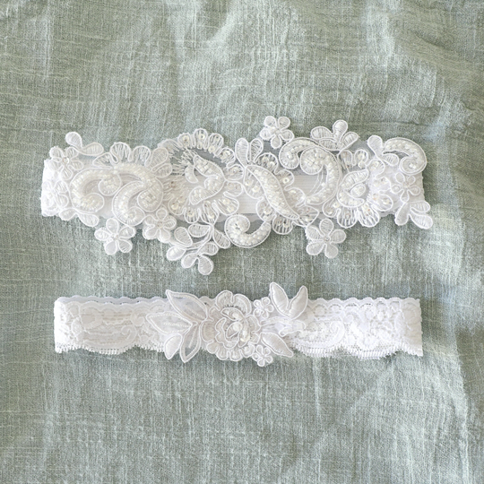 Wedding Garter Set, White Pearl Beaded Lace Set, White White Bridal Belt, Toss Garter, Gt-44