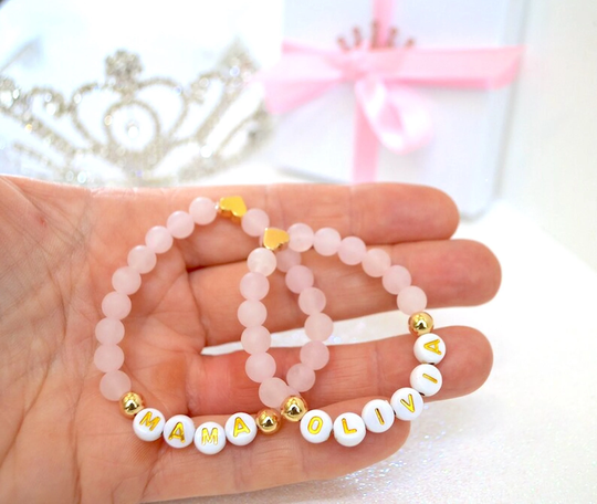 18K Gold Heart Mother's Day Jewelry, Pink Rose Quartz Mama Baby Bracelet, Shower Gift, Daughter Personalized Mom Gift For Girls