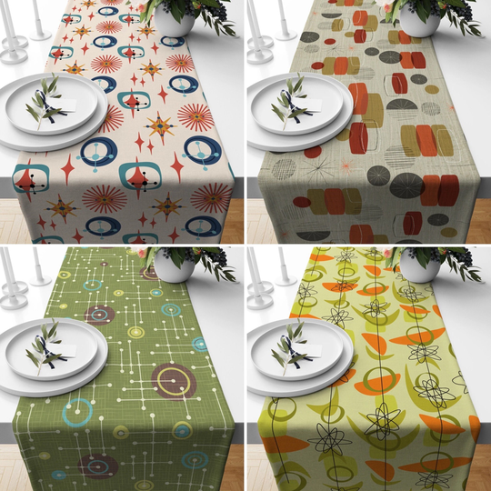 Mid Century Modern Table Runner, Geometric Abstract Green & Orange Tablecloth, Home Decor, Housewarming Gift, Gift For Her