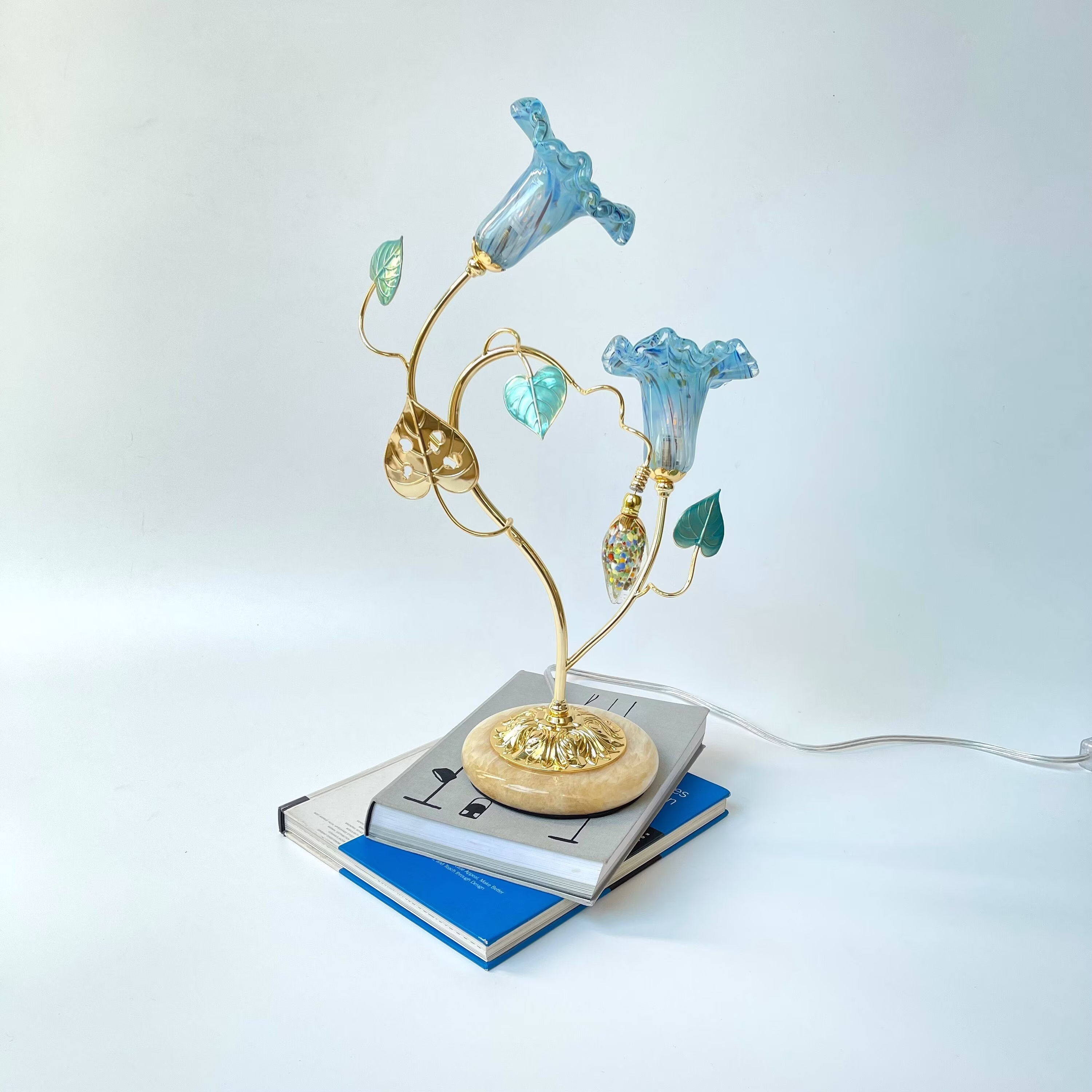 Blue Floral Table Lamp - Art Deco Glass Lily Pond Shade Desk With Brass Leaves & Jade Stone Base Cute Bedside