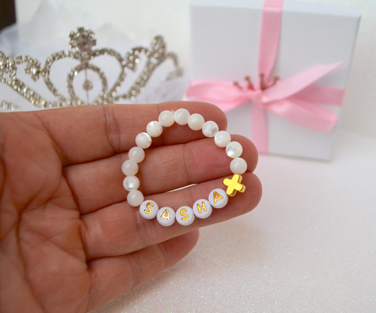 Mother Of Pearl Baby Jewelry, 18K Gold Cross Bracelet, Baptism Shower Christening Granddaughter Gift, Personalized