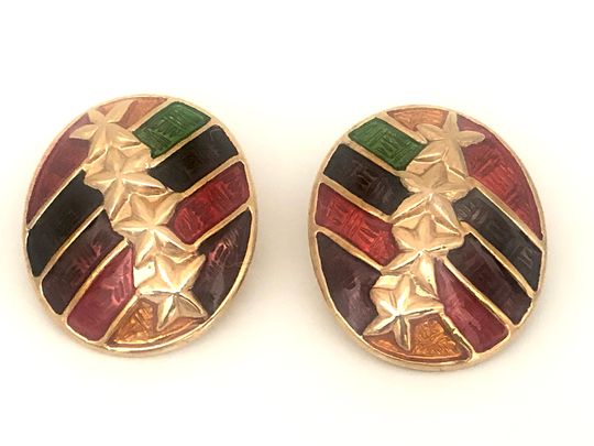Jewel Tone Enamel Colors With Offset Gold Starfish Accents Large Oval Shape Pierced Earrings Retro 1980's Oversized Stud