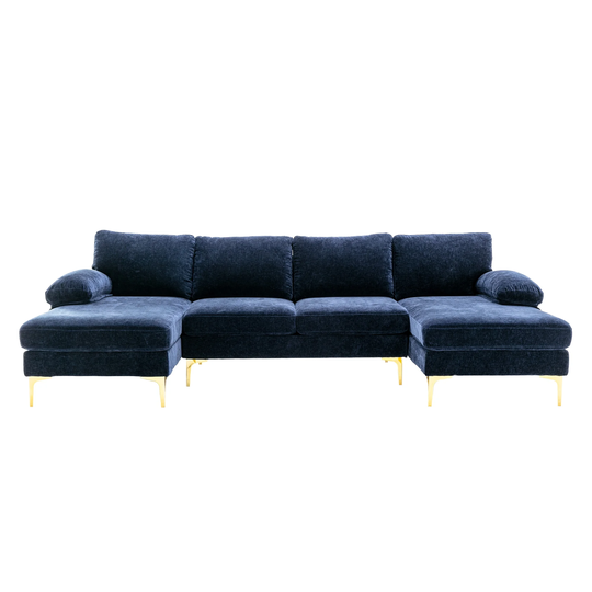 U_style Sleeper Sofa Living Room Furniture Chenille Fabric Sectional Sofa with Pillow Top Arms Chaise with Iron Feet Support
