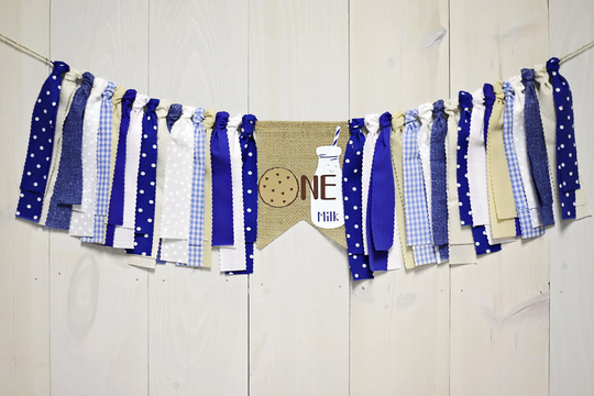 Boy Cookies & Milk High Chair Banner, 1st Birthday, Blue Party Decor, Photo Prop