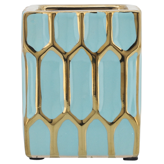 Ceramic 4"h Pen Holder, Mint, gold 4.0"H - 3.0" x 3.0" x 4.0"