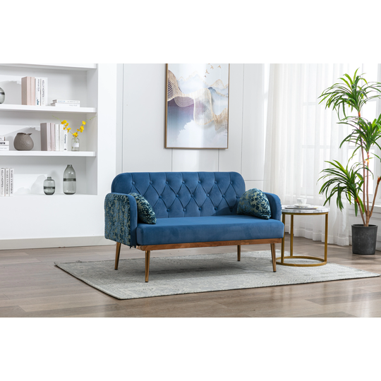 55" Modern Elegant Loveseat with 2 Pillows & Golden Metal Legs, Living Room Velvet Accent Sofa with Button Tufted Backrest