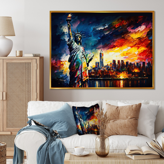 Designart 'Colorful Liberty Statue I' Cityscapes Framed Canvas Art Print
