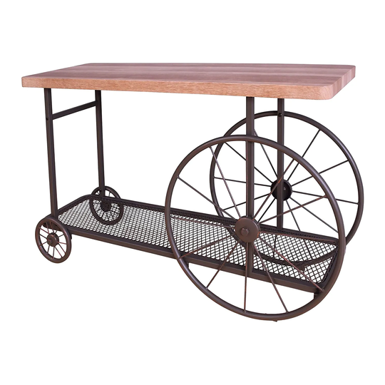 Sofa Table with Metal Mesh Bottom Shelf in Oak and Antique Gray
