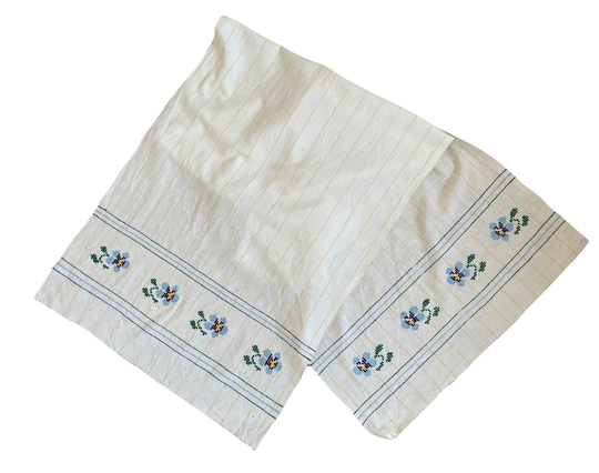 Vintage Romanian Decorative Towel, Table Runner Delicate Floral Design Made On Home Handmade Cotton Fabric