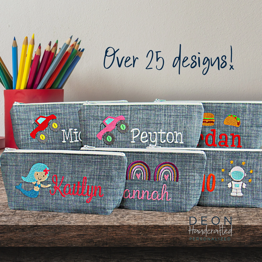 Personalized Pencil Case, Kids Zipper Pouch, Art Supply Bag, Toiletry Waterproof Lining, School Supplies, Stocking Stuffer