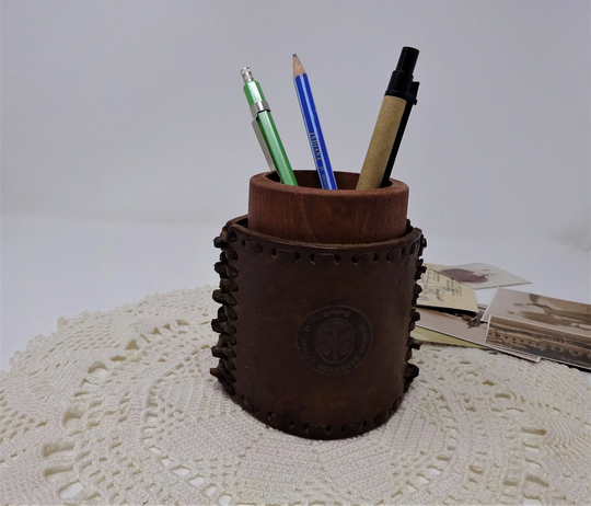 Wooden Pencil Pen Holder With Leather, Handmade Vintage Desk Accessories, Retro Office Decor, Gift For Businessman, Coworker Or Teacher