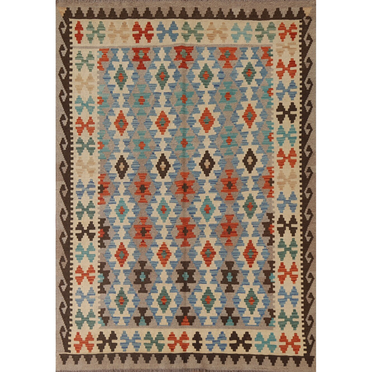 Reversible Multi-Color Kilim Area Rug Flat-weave Wool Carpet - 6'0" x 7'10"