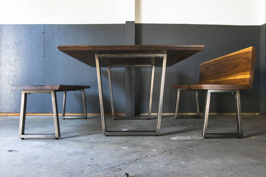 Clear-Walnut Beveled Edge Dining Table & Bench Set, Steel Trapezoid Legs, Custom "Sakamoto' Collection | Shipping/Delivery Not Included
