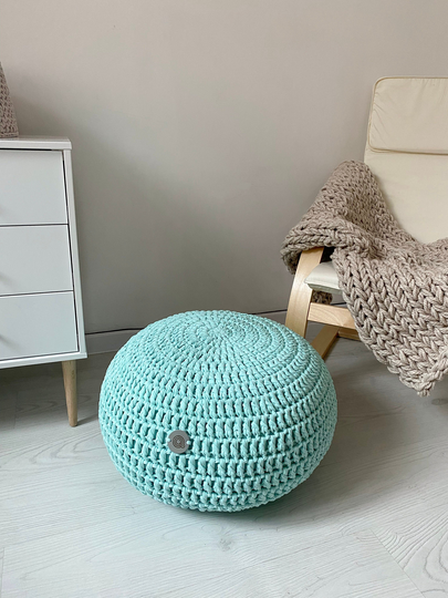 Pale Mint Knitted Pouf, Nursery Ottoman, Nursing Chair Pouf