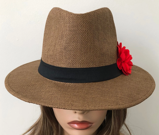Brown Panama Straw Hat With Red Flower, Women's Hat, Fedora Summer 22.5" Up To 23.5" Ready Ship