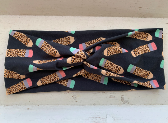 Back To School - Leopard Pencil Soft Butter Fabric Faux Knot Adult Headband