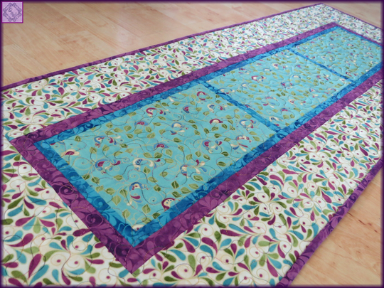 Quilted Table Runner, 16.5x45-Inch, Purple Blue Songbird #864