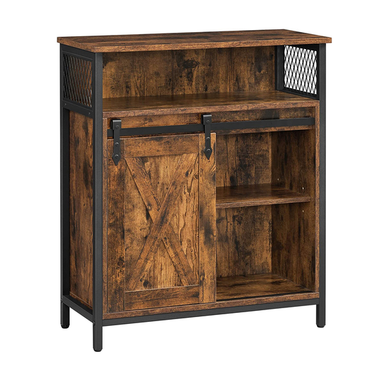 32 Inch Industrial Sideboard Buffet Cabinet, Barn Sliding Door, Rustic Brown, Black