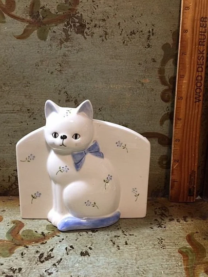 Vintage Otagiri Cat Pad & Pencil Holder Blue White Japan Ceramic Decoration