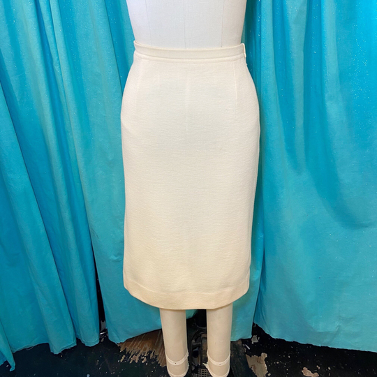 1960S W30-36 Cream Wool Knit Elastic Waist Pencil Wiggle Skirt