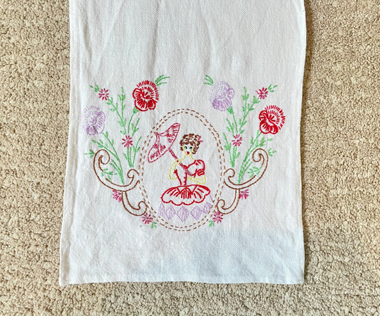Midcentury Hand Embroidered Table Runner W Girl With Unbrella & Flowers Decor 40", Vintage Table Linen, Kitchen Linen