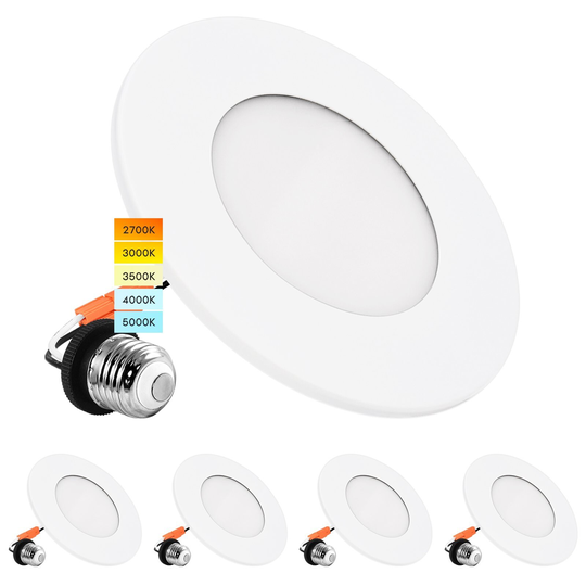 Luxrite 4" LED Recessed Light, 5 Color Selectable, Magnetic Trim, Dimmable, 500 LM, Wet Rated 4 Pack